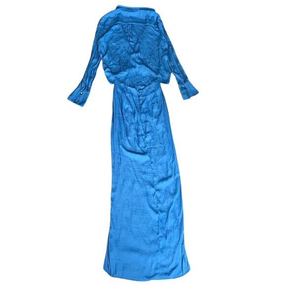 Free People Women’s Aida Collared Long Sleeve Silky Cobalt Blue Shirt Maxi Dress - Picture 6 of 15